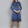 Women Blue Self Design Round Neck Full Sleeve Kurtis - Image 4