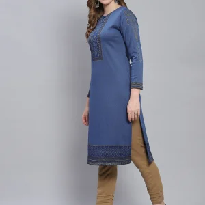 Women Blue Self Design Round Neck Full Sleeve Kurtis