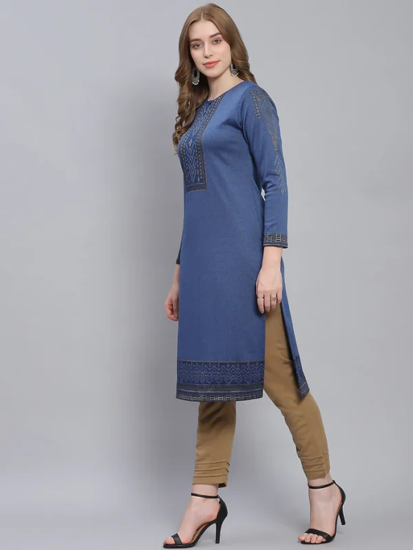 Women Blue Self Design Round Neck Full Sleeve Kurtis