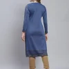 Women Blue Self Design Round Neck Full Sleeve Kurtis - Image 2