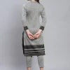 Women Grey Self Design Collar Full Sleeve Kurtis Set - Image 2