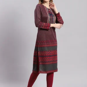 Women Maroon Printed Round Neck Full Sleeve Kurtis