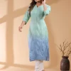 Mint Green Pure Cotton Ombre Chikankari Embroidered Straight Kurta - Image 3