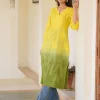 Lime Yellow Pure Cotton Ombre Chikankari Embroidered Straight Kurta - Image 4