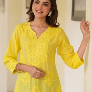 Lime Yellow Pure Cotton Ombre Chikankari Embroidered Straight Kurta