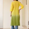 Lime Yellow Pure Cotton Ombre Chikankari Embroidered Straight Kurta - Image 3