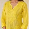 Lime Yellow Pure Cotton Ombre Chikankari Embroidered Straight Kurta - Image 2