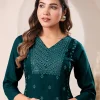 Dark Green Rayon Embroidered Straight Kurta - Image 3
