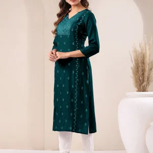 Dark Green Rayon Embroidered Straight Kurta