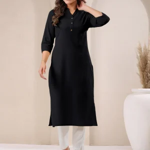 Black Cotton Solid Straight Kurta
