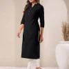 Black Cotton Solid Straight Kurta - Image 2