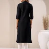 Black Cotton Solid Straight Kurta - Image 4