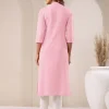Pink Cotton Solid Straight Kurta - Image 4
