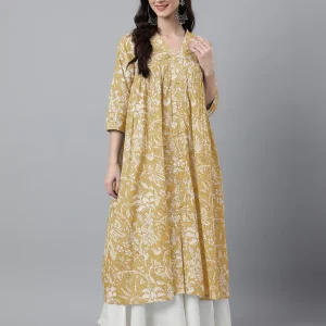 Mustard Pure Cotton Floral Printed Flared Kurta