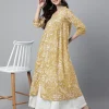 Mustard Pure Cotton Floral Printed Flared Kurta - Image 2