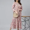 Peach Cotton Floral Print Flared Kurta - Image 2