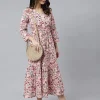 Peach Cotton Floral Print Flared Kurta - Image 3