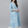 Sky Blue Cotton Floral Print Flared Kurta - Image 3