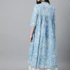 Sky Blue Cotton Floral Print Flared Kurta - Image 4