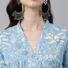 Sky Blue Cotton Floral Print Flared Kurta - Image 5