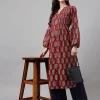 Maroon Cotton Floral Print Flared Kurta - Image 2