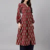 Maroon Cotton Floral Print Flared Kurta - Image 3