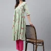 Light Green Cotton Floral Printed Flared Kurta - Image 2