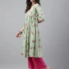 Light Green Cotton Floral Printed Flared Kurta - Image 3