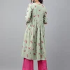 Light Green Cotton Floral Printed Flared Kurta - Image 4