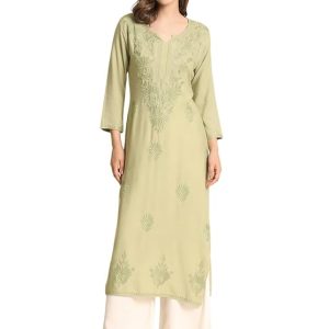 Women's Rayon Straight Cut Round Neck Kurta with Beautiful Lucknowi Chickenkari Work, Stylish Kurti for Women, Daily Use Office and College Wear Kurti