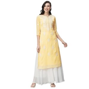 RATAN Georgette Straight Lucknowi Chikankari Ethinic Wear Kurta for Women