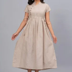 Women Beige Colour South Cotton Striped Anarkali Dress