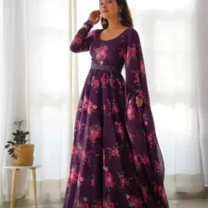 Flower Print Long Gown With Dupatta